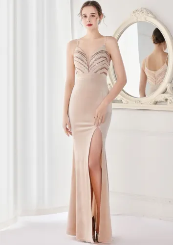 Spring Golden Sequins Patch Apricot V Neck Straps Slit Formal Cocktail Evening Dress