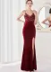 Spring Sequins Patch Red V Neck Straps Slit Formal Cocktail Evening Dress