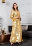 Spring Golden Printed Yellow V-neck Long Middle East Dubai Muslim Dresses