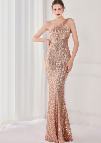 Spring Elegant Bling Bling Golden Sequins One Shoulder Sleeveless Mermaid Formal Cocktail Evening Dress