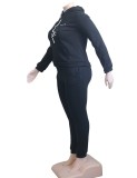 Winter Plus Size Black Printed Pocket Long Sleeve Hoodies and Sweapants Two Piece Set Wholesale Jogger Suit