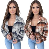 Winter Casual Blue Plaid Turndown Collar Button Up Long Sleeve Jacket