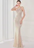 Spring Elegant Bling Bling Beige Sequins One Shoulder Sleeveless Mermaid Formal Cocktail Evening Dress