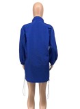 Spring Casaul Blue Turndown Collar Zipper Up Long Sleeve Loose Shirt Dress