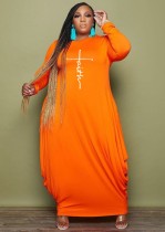 Vestido largo suelto de manga larga con cuello redondo estampado naranja de talla grande de invierno