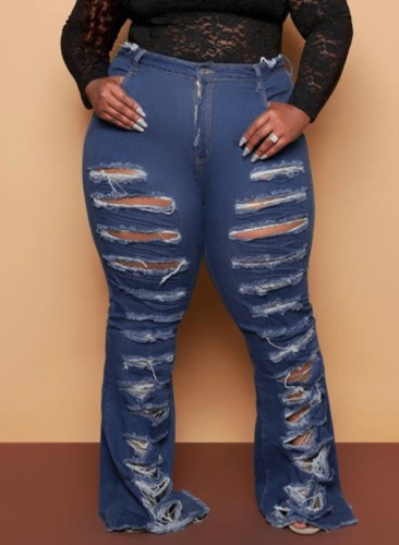 Jeans de cintura alta con agujeros rasgados azul oscuro de talla grande de primavera