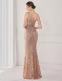 Spring Elegant Bling Bling Golden Sequins One Shoulder Sleeveless Mermaid Formal Cocktail Evening Dress
