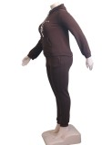 Winter Plus Size Brown Printed Pocket Long Sleeve Hoodies and Sweapants Two Piece Set Wholesale Jogger Suit