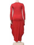 Winter Plus Size Red Printed Round Neck Long Sleeve Loose Long Dress