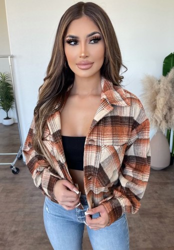 Winter Casual Orange Plaid Turndown Collar Button Up Long Sleeve Jacket