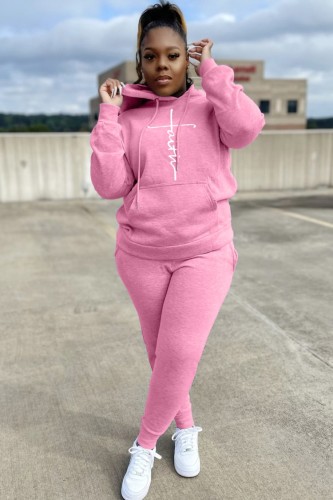 Winter Plus size roze bedrukte zak hoodies met lange mouwen en sweatpants Tweedelige set groothandel joggingpak