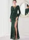 Winter Elegant Green Sequins Mesh Patch Long Sleeve Slit Mermaid Formal Cocktail Evening Dress