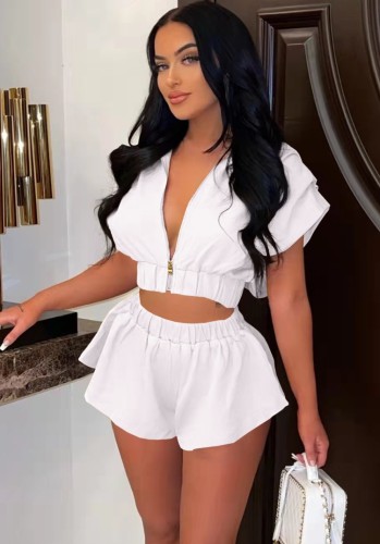 Summer Casual White Solid Zipper With Hood Crop Top Wholesale Two Piece Short Set