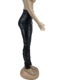Winter Black Pu Leather High Waist Stacked Pant