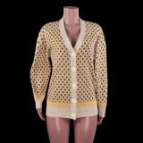 Winter Casual Beige Line With Print V Neck Long Sleeve Cardigan Sweater
