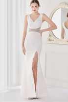 Sommer Elegantes Weiß V-Ausschnitt Wasit Strass Schlitz Meerjungfrau Abendkleid