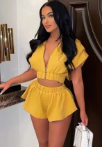 Summer Casual Yellow Solid Zipper With Hood Crop Top Wholesale Two Piece Short Set