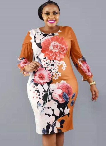 Vestido de manga curta de chiffon com estampa floral para mulheres maduras e gola redonda