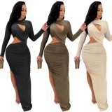 Spring Sexy Beige Cut Out Long Sleeve Slit Long Dress