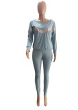 Winter Sexy Blue Sequins Long Sleeve Top And Pant Wholesale Two Piece Sets
