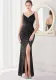 Spring Formal Black Sequins Strap Slit Mermaid Evening Dress
