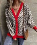 Winter Casual Red Line With Print V Neck Long Sleeve Cardigan Sweater