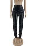 Winter Black Pu Leather High Waist Stacked Pant