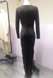 Spring Sexy Black Sequins Deep V Neck Long Sleeve Slit Long Dress