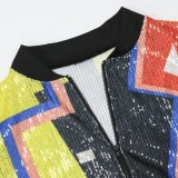 Spring Fashion Blocked Print Sequins Zipper Long Sleeve Jacket