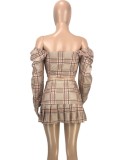 Spring Sexy Plaid Off Shoulder Long Sleeve Top And Skirt Wholesale 2 Piece Outfits
