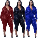 Spring Plus Size Red Sequins Zipper Turndown Colllar Long Sleeve Top And Slit Pant Two Piece Set