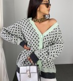 Winter Casual Green Line With Print V Neck Long Sleeve Cardigan Sweater