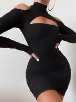 Kış Seksi Siyah Uzun Kollu Bodycon Cut Out Elbise