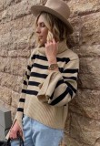 Winter Fashion Beige Stripe High Collar Slit Long Sleeve Knit Sweater