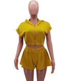 Summer Casual Yellow Solid Zipper With Hood Crop Top Wholesale Two Piece Short Set