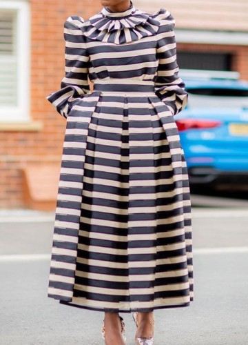 Spring Fashion Stripe Layed Collar Long Sleeve Long Dress