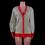 Winter Casual Red Line With Print V Neck Long Sleeve Cardigan Sweater