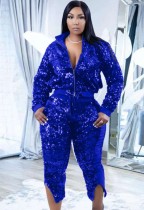 Spring Plus Size Blue Sequins Zipper Turndown Colllar Long Sleeve Top And Slit Pant Two Piece Set