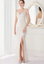 Spring Formal White Sequins Strap Slit Mermaid Evening Dress