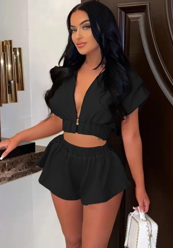 Summer Casual Black Solid Zipper With Hood Crop Top Wholesale Two Piece Short Set