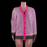 Winter Casual Pink Line With Print V Neck Long Sleeve Cardigan Sweater