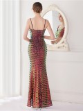 Spring Formal Multicolor Red Sequins Strap Slit Mermaid Evening Dress