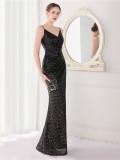 Spring Formal Black Sequins Strap Slit Mermaid Evening Dress