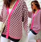Winter Casual Pink Line With Print V Neck Long Sleeve Cardigan Sweater