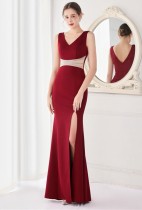 Sommer Elegantes Rotes V-Ausschnitt Wasit Strass Schlitz Meerjungfrau Abendkleid