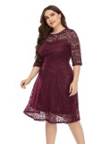 Spring Plus Size Red Round Neck Lace Half Sleeve Party Dress