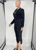 Spring Plus Size Black Sequins Zipper Turndown Colllar Long Sleeve Top And Slit Pant Two Piece Set