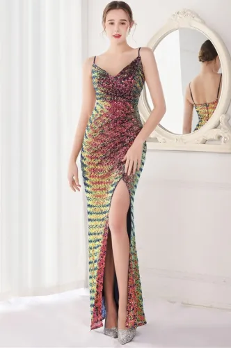Spring Formal Multicolor Red Sequins Strap Slit Mermaid Evening Dress