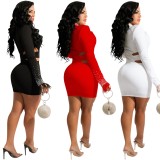Spring Sexy Red Turndown Collar Cut Out Rhinestone Party Bodycon Dress