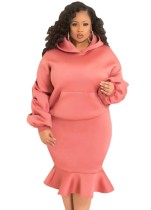 Winter plus size roze gepofte hoodies met lange mouwen en fishtail rok groothandel tweedelige kleding